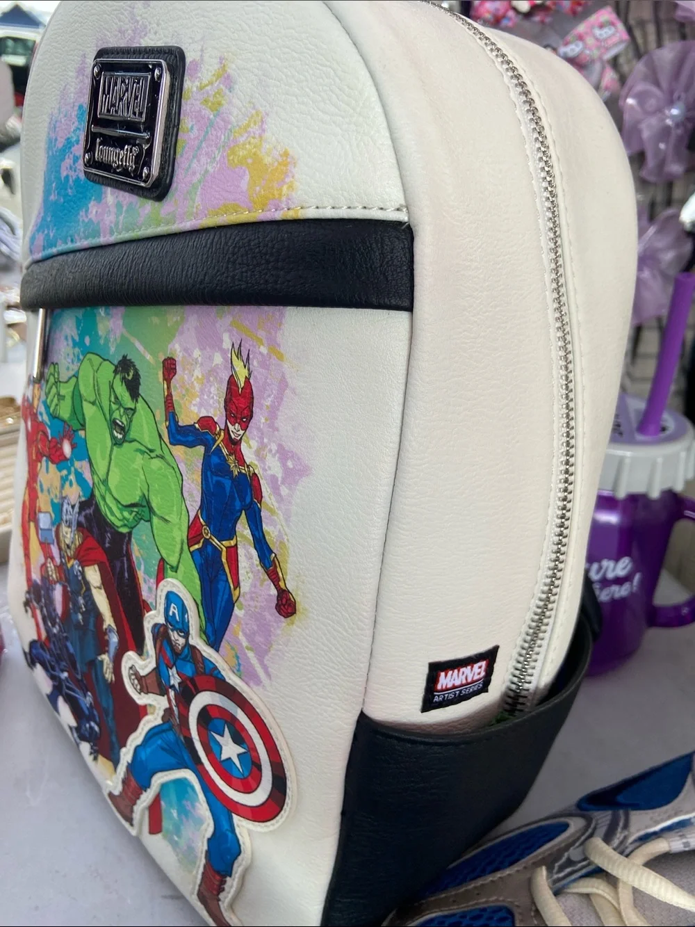 Loungefly Kids White Marvel Superhero Backpack with Multicolor Graphics
